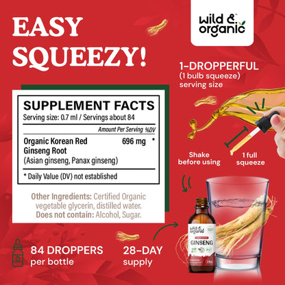 Wild & Organic Korean Red Ginseng Drops - Immune Support | Vegan & Alcohol-Free - 2 fl oz