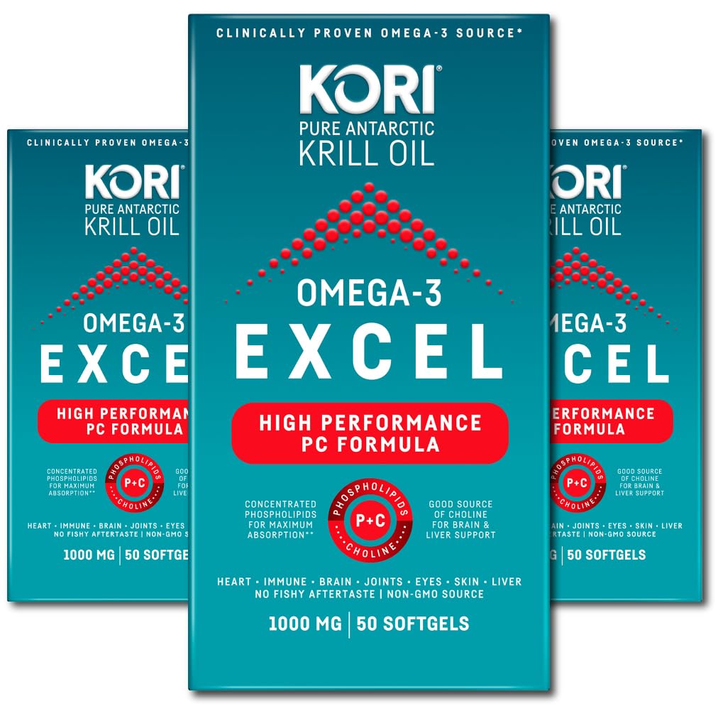 Kori Krill Omega 3 Excel Krill Oil 1000mg – 3 Pack, Non-GMO