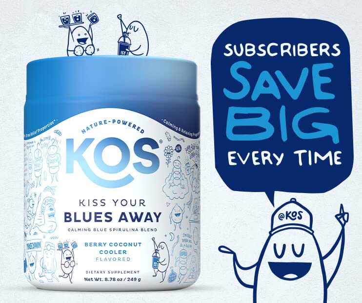 KOS Calming Blue Spirulina Blend - USDA Organic Algae Superfood Powder with Ashwagandha, Lemon Balm, Reishi - Berry Coconut Cooler, 28 Servings