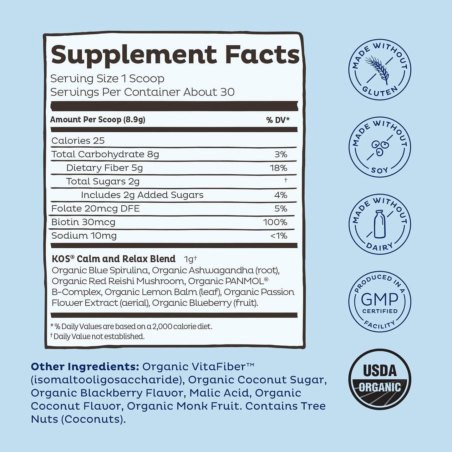 KOS Calming Blue Spirulina Blend - USDA Organic Algae Superfood Powder with Ashwagandha, Lemon Balm, Reishi - Berry Coconut Cooler, 28 Servings