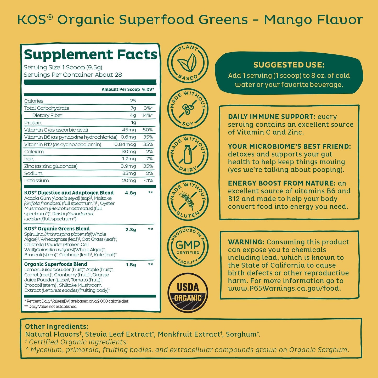 KOS Organic Superfood Greens Powder Mango – 28 Servings, Gut Health & Prebiotic Fiber