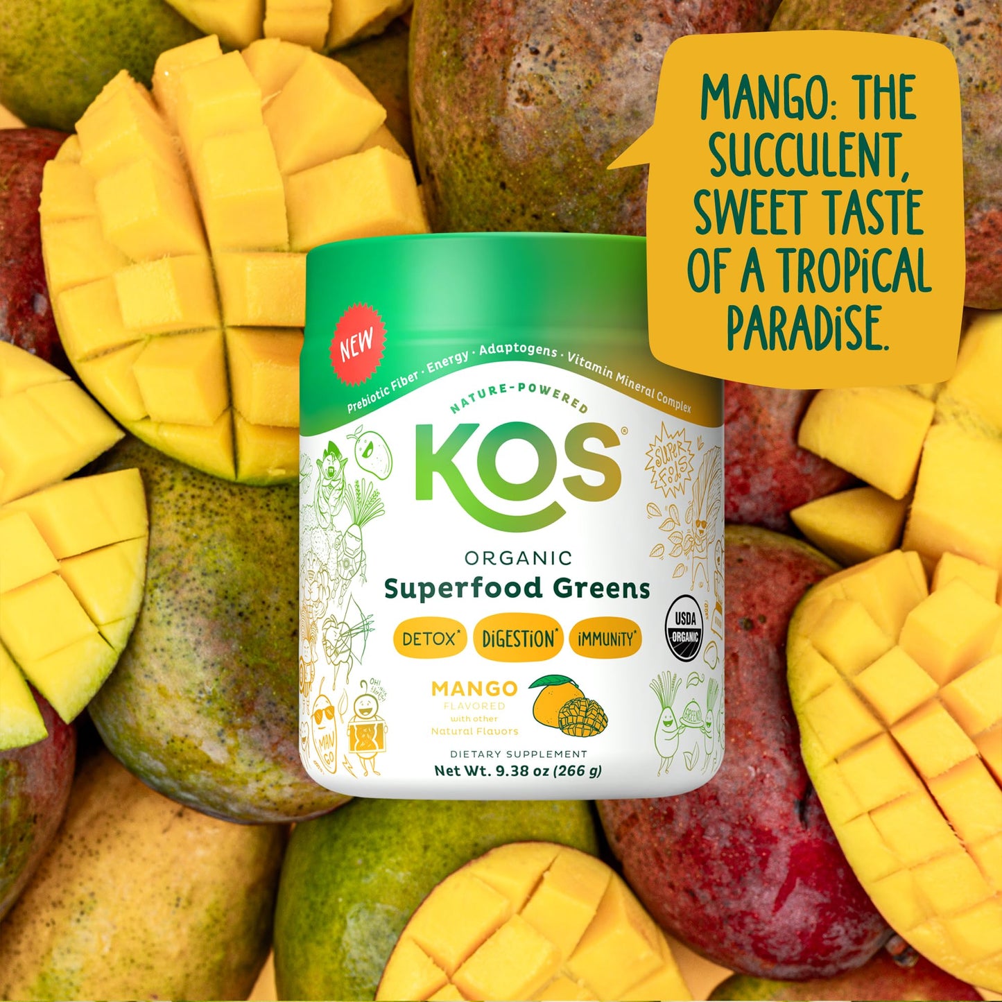 KOS Organic Superfood Greens Powder Mango – 28 Servings, Gut Health & Prebiotic Fiber