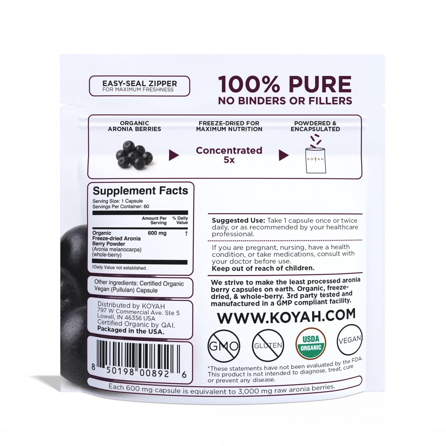 KOYAH Organic Aronia Berry Capsules | Freeze-Dried Whole-Berry 600 mg | Vegan, Gluten-Free, Non-GMO | 60 Caps