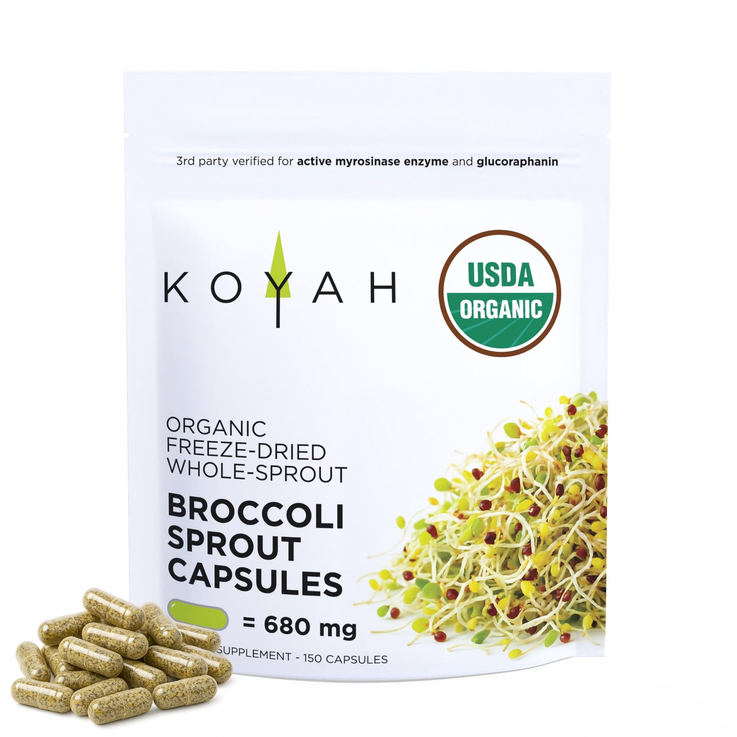 KOYAH Organic Broccoli Sprout Capsules – Freeze-Dried Whole Sprouts, Active Myrosinase & Glucoraphanin, USA Grown, 150 Capsules
