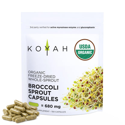 KOYAH Organic Broccoli Sprout Capsules – Freeze-Dried Whole Sprouts, Active Myrosinase & Glucoraphanin, USA Grown, 150 Capsules