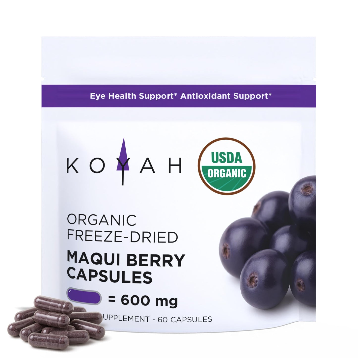 KOYAH Organic Maqui Berry Capsules – Freeze-Dried, 600 mg, 60 Capsules | Vegan, Gluten-Free, Non-GMO
