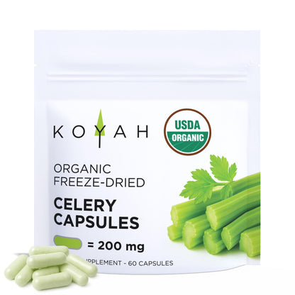 KOYAH Organic Celery Capsules – 200 mg Freeze-Dried Whole-Stalk Powder | 60 Vegan Capsules | USDA Organic