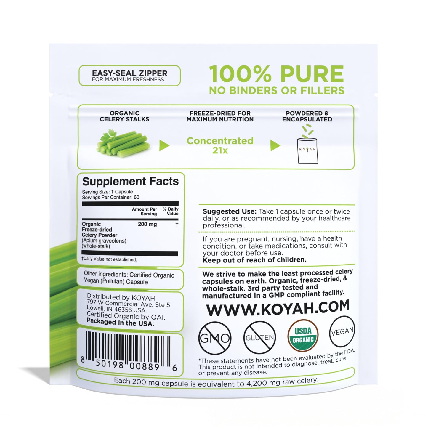 KOYAH Organic Celery Capsules – 200 mg Freeze-Dried Whole-Stalk Powder | 60 Vegan Capsules | USDA Organic
