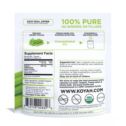 KOYAH Organic Celery Capsules – 200 mg Freeze-Dried Whole-Stalk Powder | 60 Vegan Capsules | USDA Organic