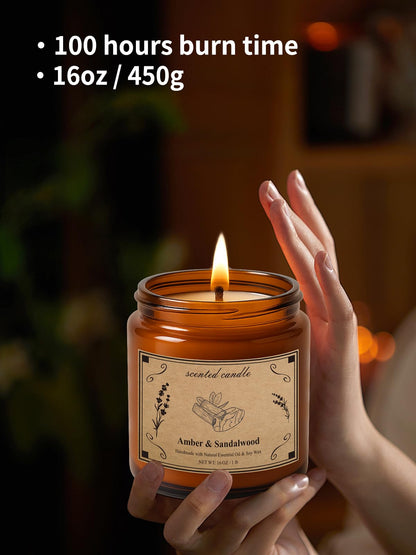 Scented Candles 16oz Large Jar Soy Wax Candle – Amber & Sandalwood | Aromatherapy & Gift