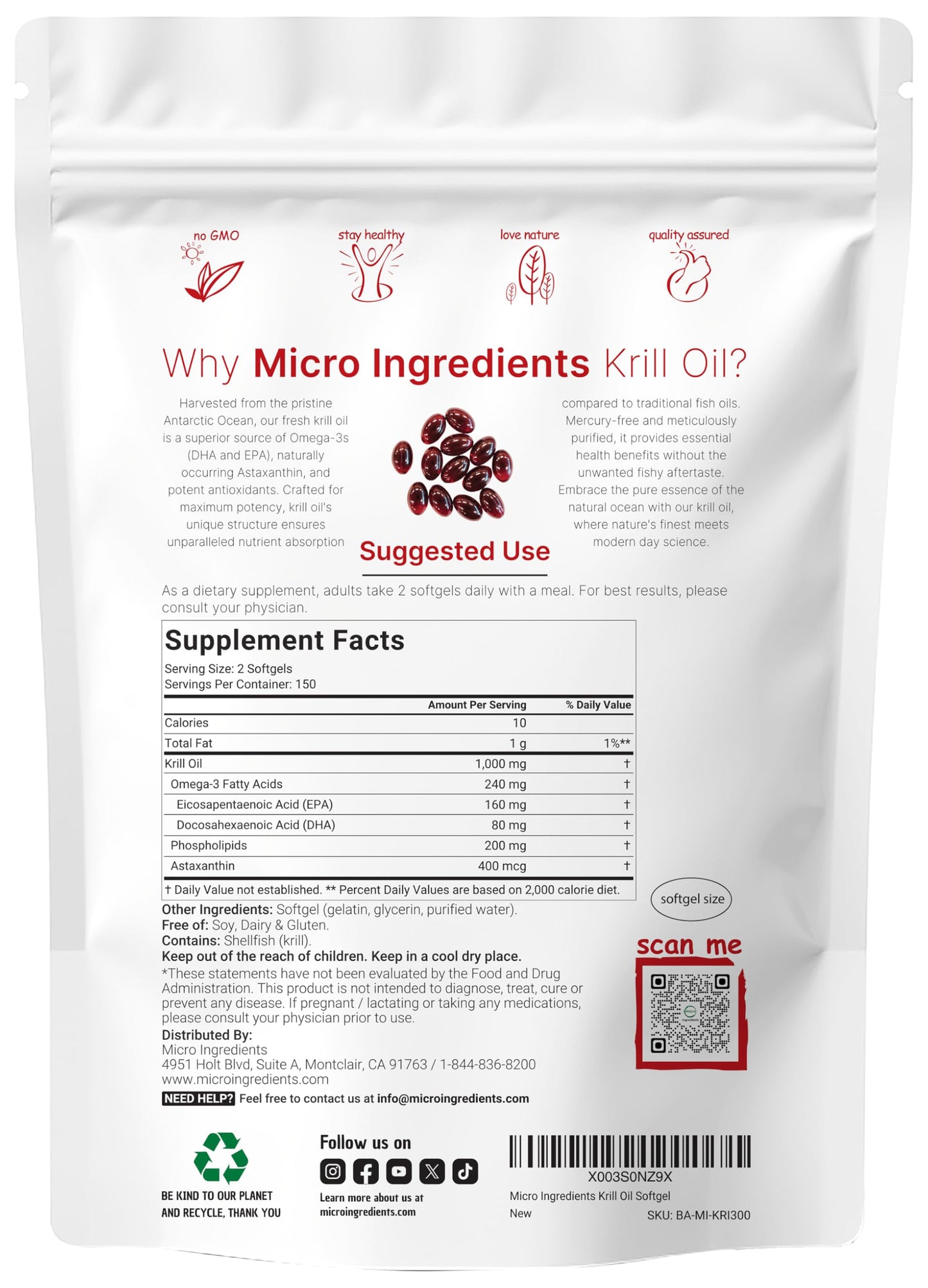 Antarctic Krill Oil 1000mg – 300 Soft-Gels with Natural Astaxanthin | EPA & DHA