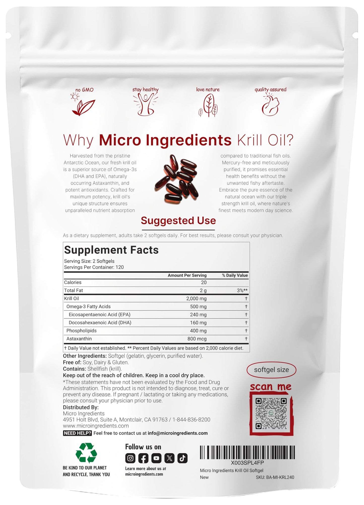 Micro Ingredients Antarctic Krill Oil - 2000mg/Serving, 240 Softgels, Omega-3 EPA/DHA & Astaxanthin