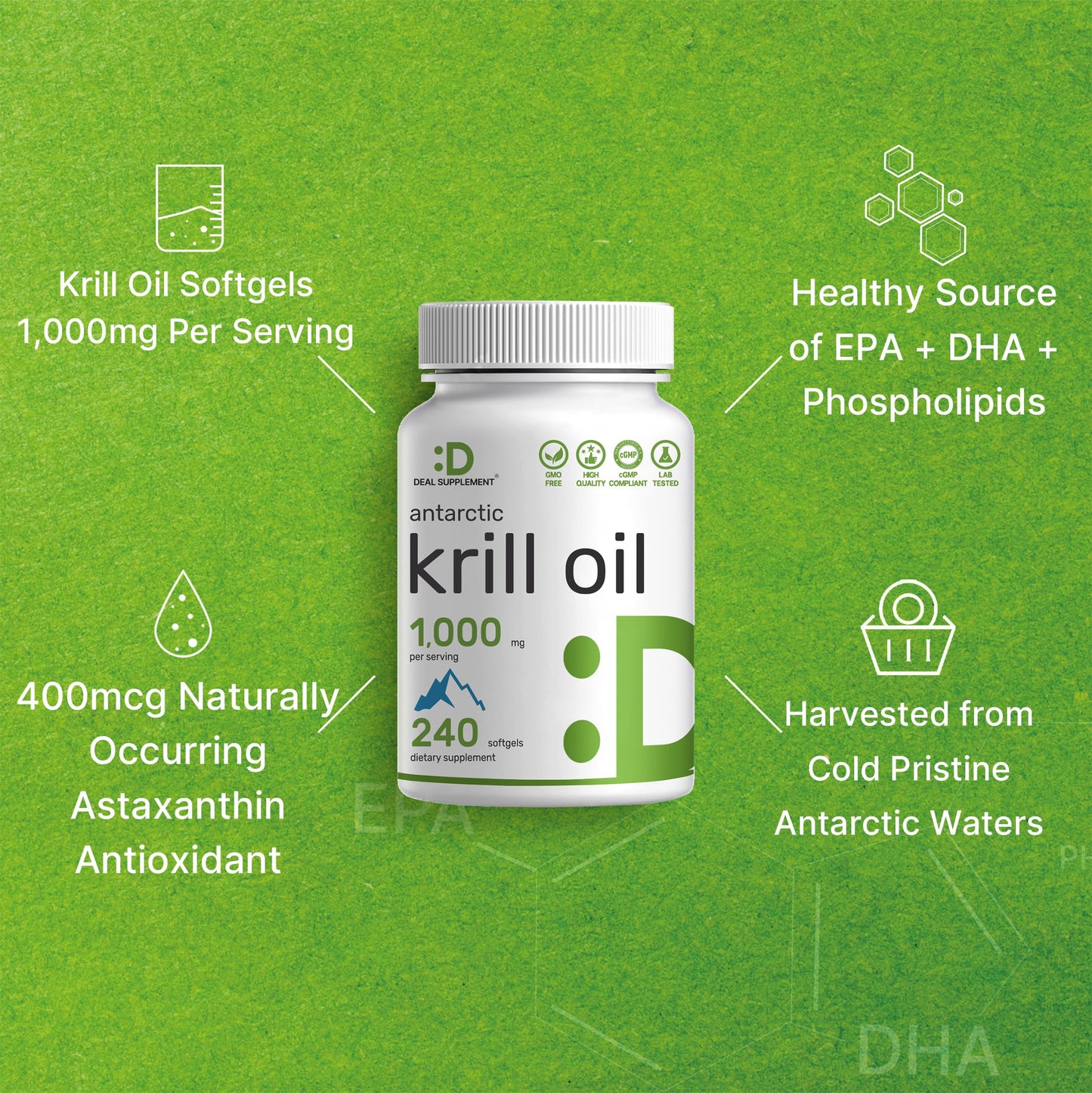 Antarctic Krill Oil 1,000mg – 240 Softgels | Mercury Free, No Fishy Taste | Omega-3 EPA/DHA