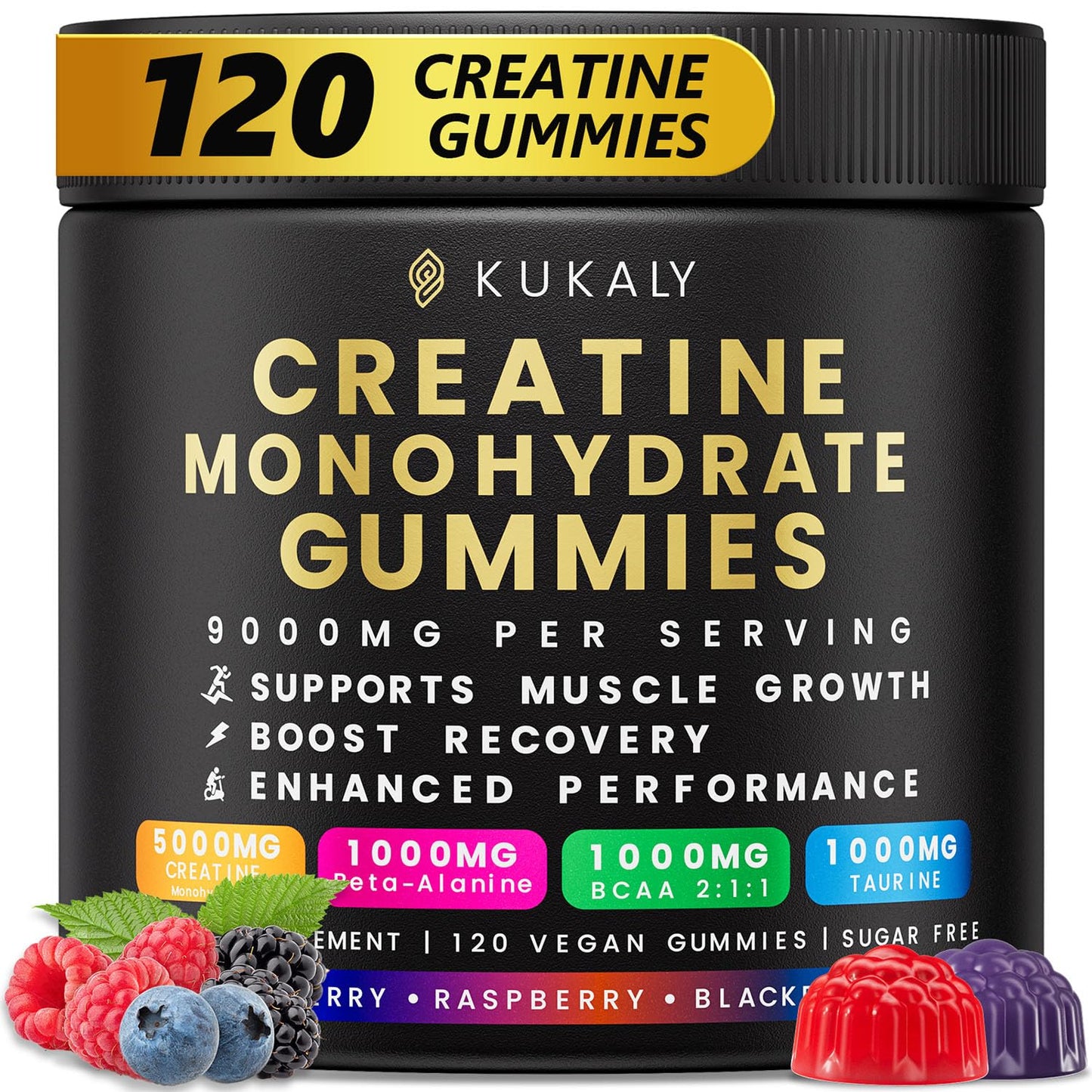 Kukaly Creatine Monohydrate Gummies – 9000mg, Sugar Free, 120ct, Mixed Flavors
