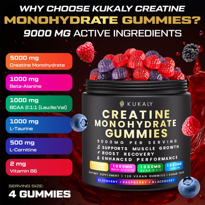 Kukaly Creatine Monohydrate Gummies – 9000mg, Sugar Free, 120ct, Mixed Flavors