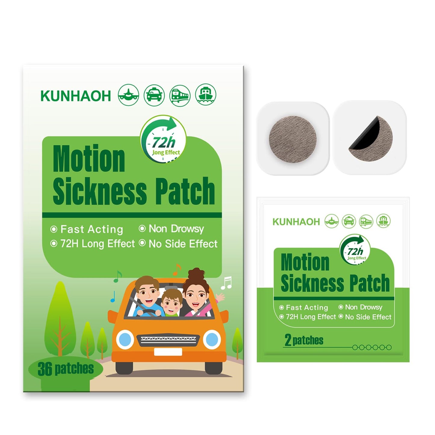 KUNHAOH 36 Count Motion Sickness Patch - 72-Hour Waterproof, Non-Drowsy Travel Patches