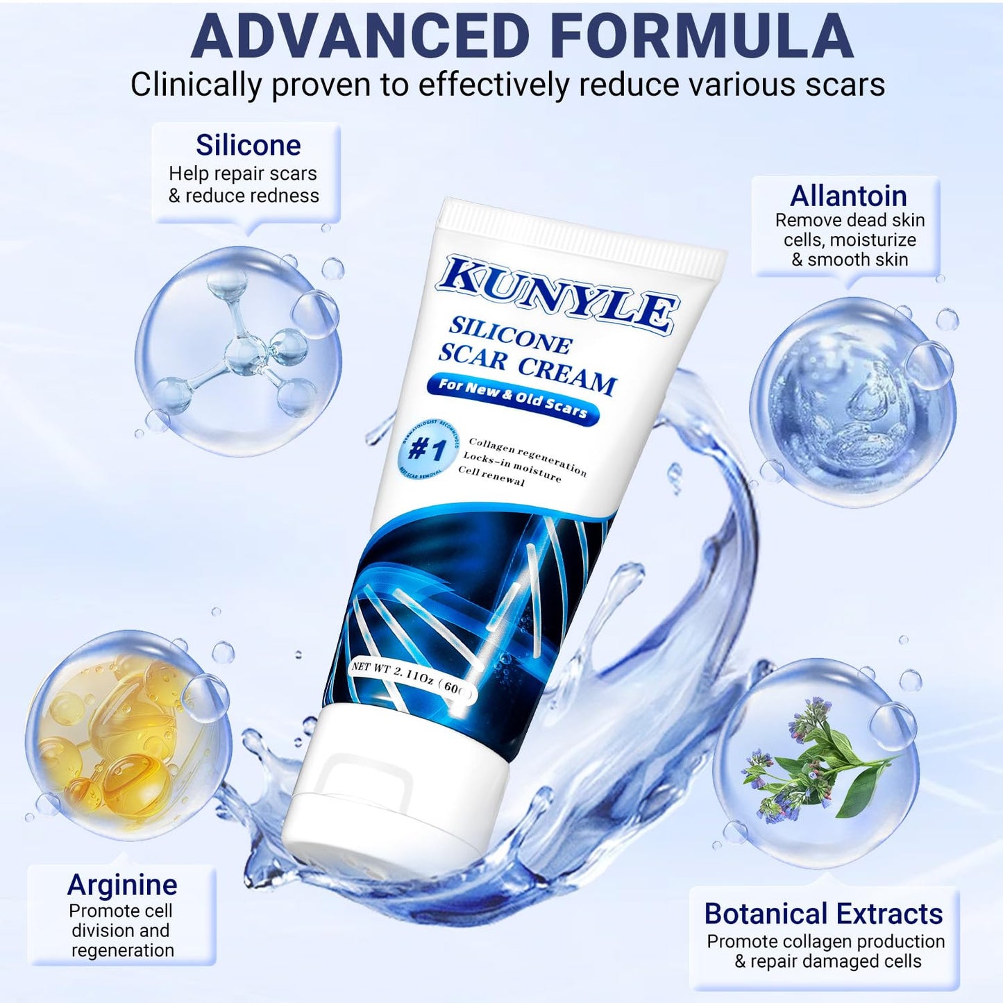 Kunyle Scar Cream | Silicone Scar Gel for Surgical Scars, Keloids & Stretch Marks | 60g