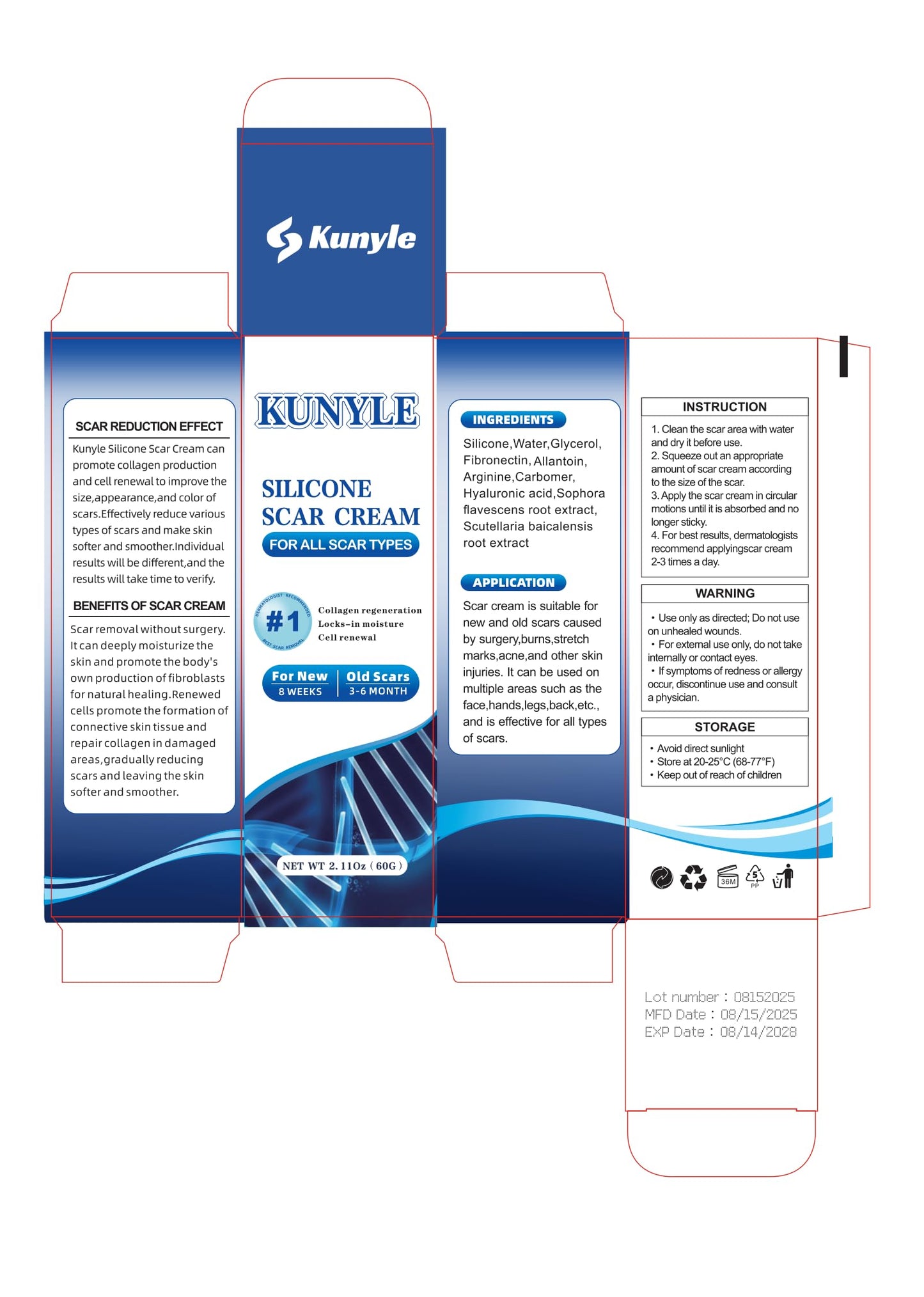 Kunyle Scar Cream | Silicone Scar Gel for Surgical Scars, Keloids & Stretch Marks | 60g