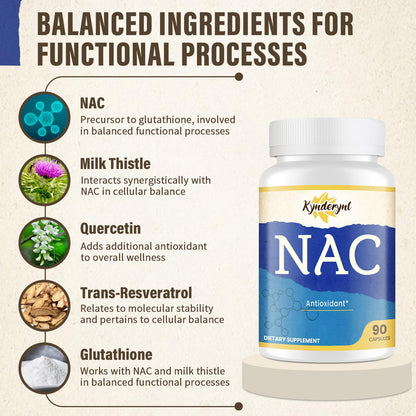 Kynderynl NAC Supplement 1000mg - High-Dose NAC + Milk Thistle, Quercetin, Resveratrol, Glutathione - Antioxidant Formula - 90 Vegan Capsules -2P
