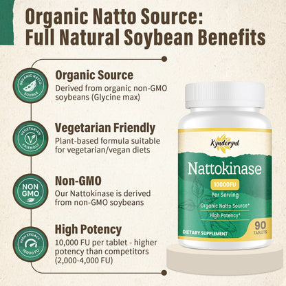 Kynderynl Nattokinase 10000FU – Organic Natto Enzyme 500mg, Enteric-Coated, Vegan