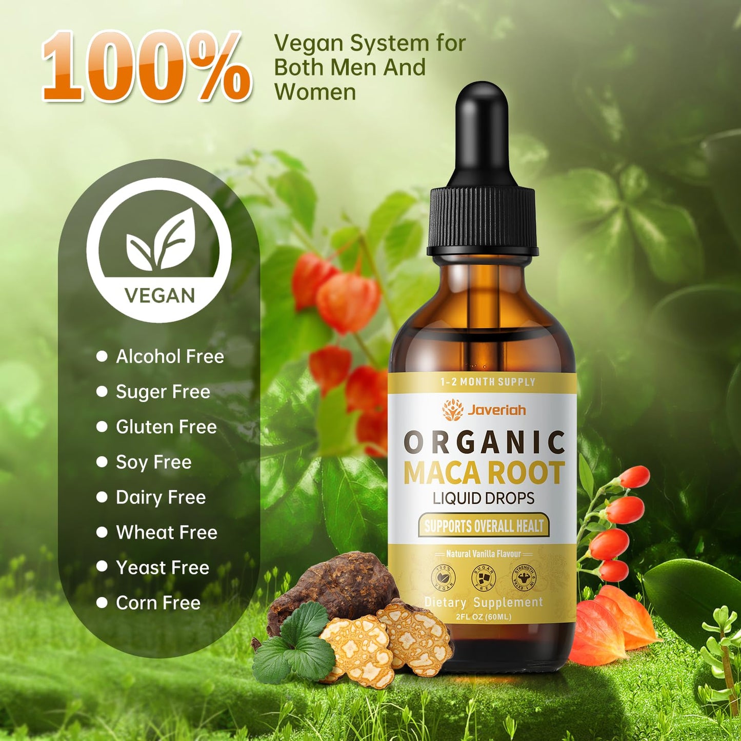 Javeriah Organic Maca Root Liquid Drops with Ashwagandha, Goji Berry, Ginger, Magnesium & L-Arginine — 4 Oz 2 Pack