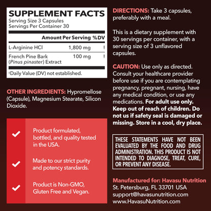L-Arginine 1800mg & Pine Bark 100mg – Nitric Oxide for Men (90 Count)