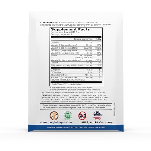 L-ARGININE PRO Supplement Powder – 30 Single-Serve Packets | 5,500mg L-Arginine + 1,100mg L-Citrulline | Grape