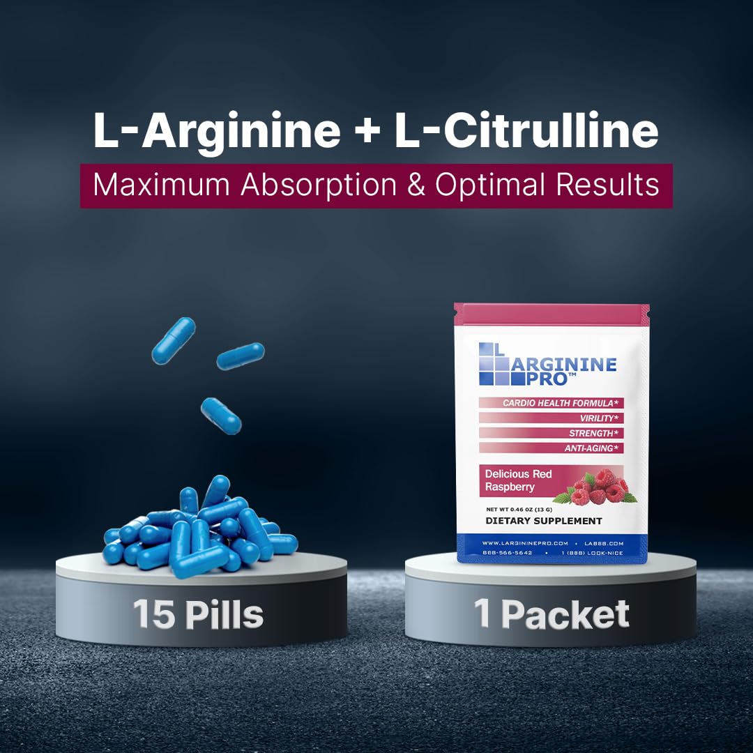 L-ARGININE PRO Supplement Powder | 30 Packets | Single Serve Travel Size | 5,500mg L-Arginine + 1,100mg L-Citrulline | Raspberry