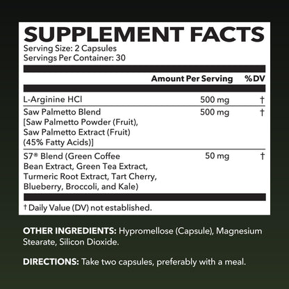 L-Arginine 500mg & Saw Palmetto 500mg - Prostate Health & Nitric Oxide Support (60 Count)