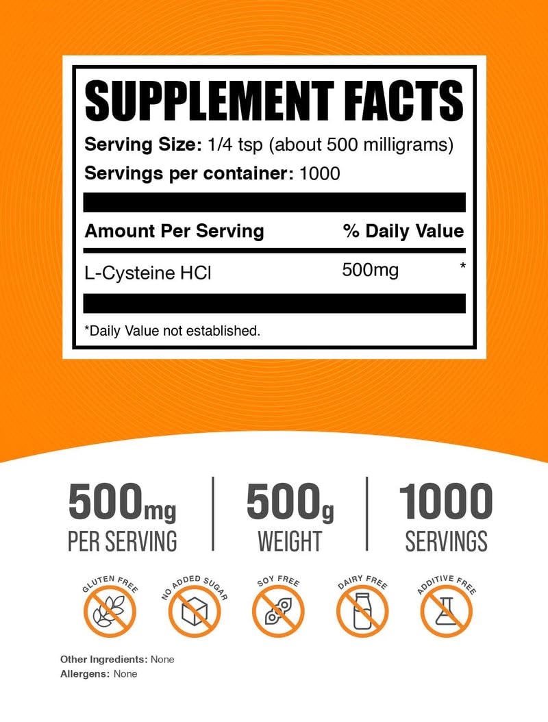 L-Cysteine HCl Powder (NAC) – 500mg/Serving, 500g | Gluten Free | BulkSupplements