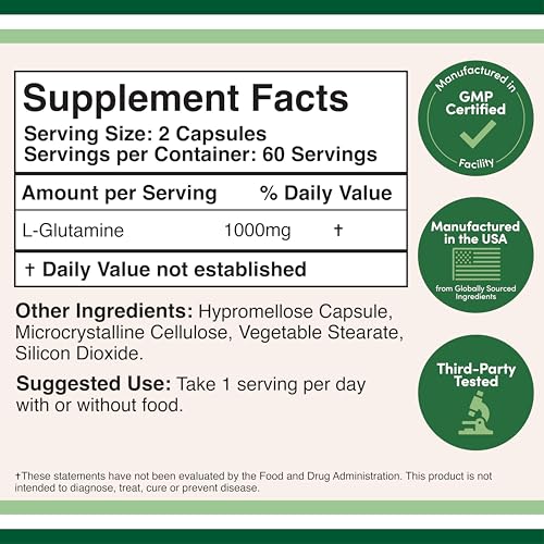 L Glutamine Capsules 1000mg – Pack of 2 (120 Caps) | Non-GMO, Gluten Free, Keto, Vegan | Double Wood
