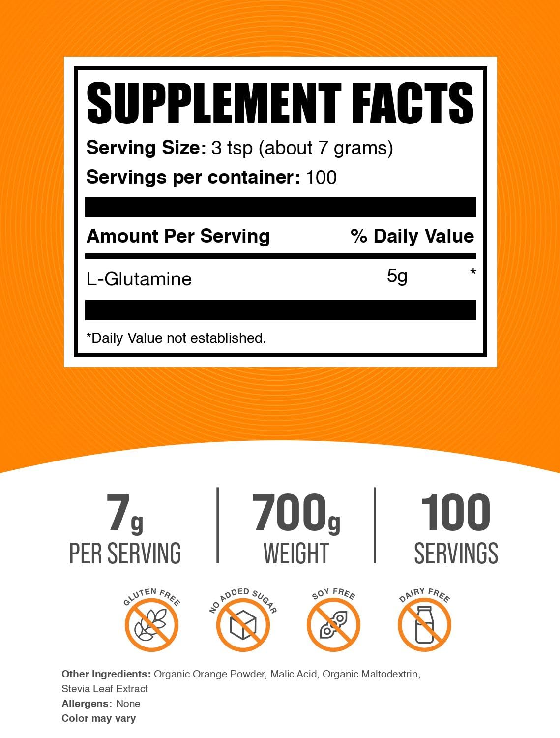 BulkSupplements L-Glutamine Powder Orange Smash – 7g Serving, 700g (1.5 lb)