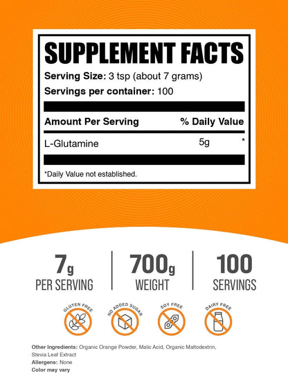 BulkSupplements L-Glutamine Powder Orange Smash – 7g Serving, 700g (1.5 lb)