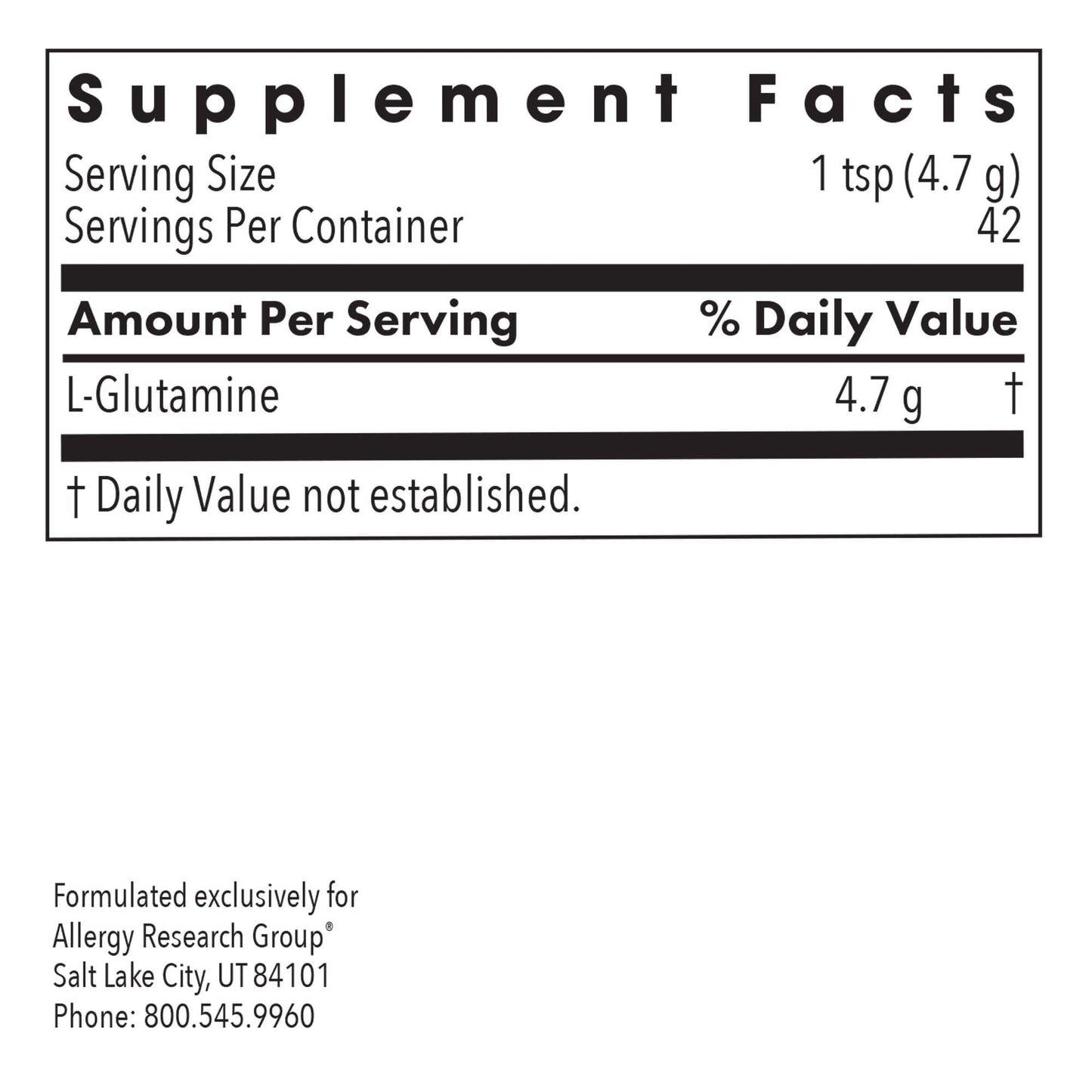 L-Glutamine Powder – Gut Health | Allergy Research Group, Free-Form Amino Acid, 4.7 g, 7.1 oz