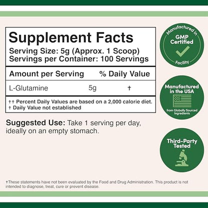 L-Glutamine Powder 1.1lbs (100 Servings) Unflavored - Keto & Vegan | Double Wood