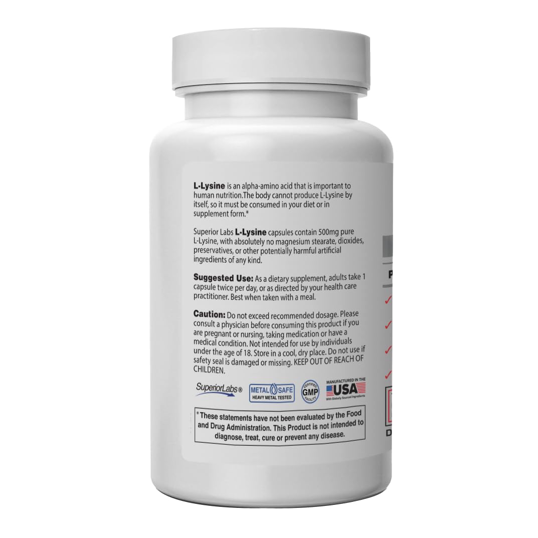 Superior Labs L-Lysine 500 mg Capsules – Third-Party Tested, Non-GMO, Gluten Free | 120 Caps