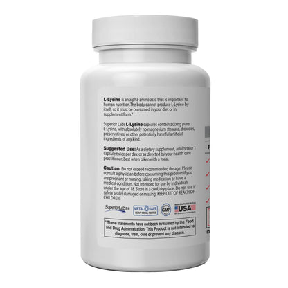Superior Labs L-Lysine 500 mg Capsules – Third-Party Tested, Non-GMO, Gluten Free | 120 Caps