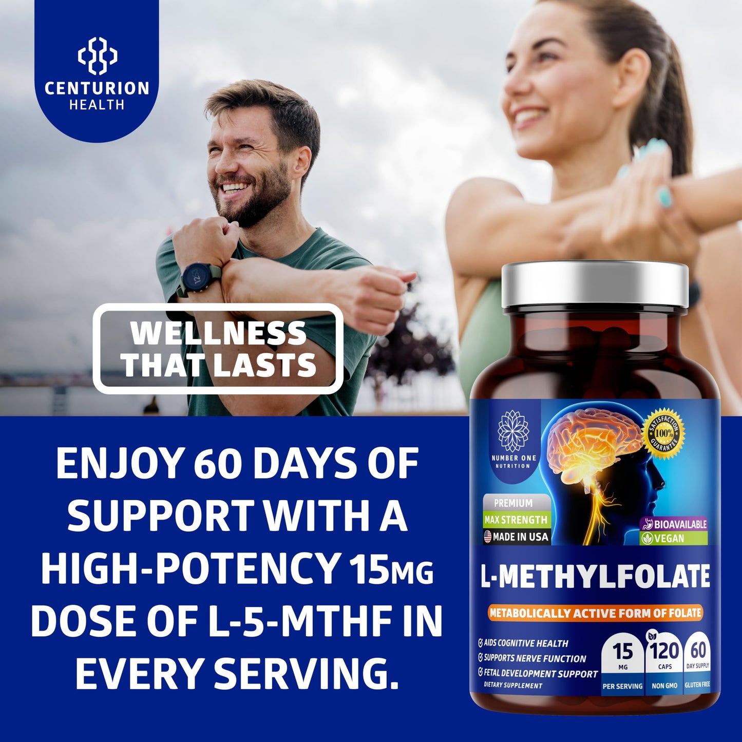 Number One Nutrition L-Methylfolate 12.75mg – Extra Strength, 120 Caps | Gluten-Free & Non-GMO