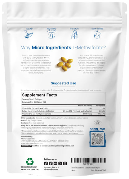 L Methylfolate 15mg with B6 + Methyl B12 | 240 Softgels with Coconut Oil | 3-in-1 Active Folate & B Vitamin Complex