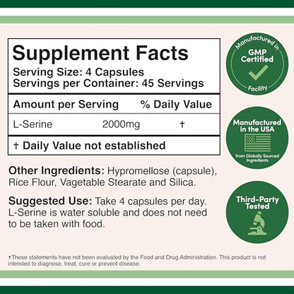 L-Serine Capsules 2,000 mg – 180 Count | Third-Party Tested | Double Wood