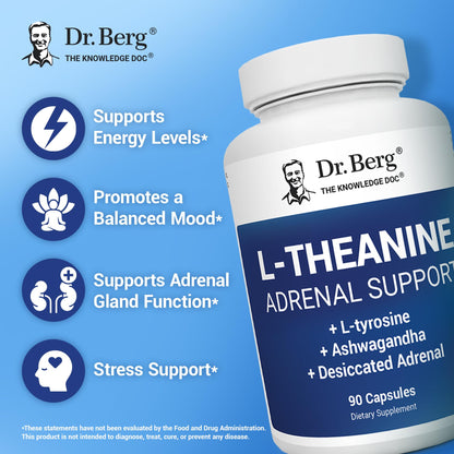 Dr. Berg L-Theanine 200mg - Adrenal Support, Stress Relief & Mental Clarity - 90 Gelatin Capsules
