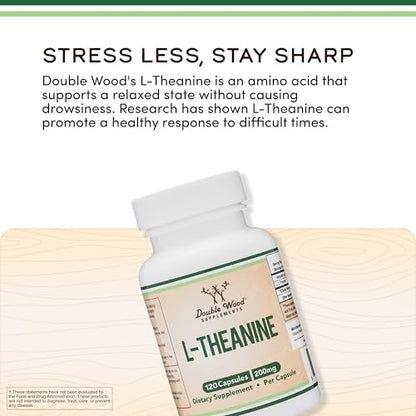 L-Theanine 200mg Double Strength – 120 Caps – Sleep & Relaxation | Gluten Free, Vegan | Double Wood