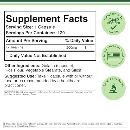 L-Theanine 200mg Double Strength – 120 Caps – Sleep & Relaxation | Gluten Free, Vegan | Double Wood
