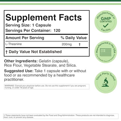 L-Theanine 200mg Double Strength – 120 Caps – Sleep & Relaxation | Gluten Free, Vegan | Double Wood
