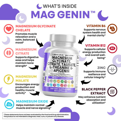 Magnesium Glycinate Complex 1000mg with L-Theanine & Apigenin – 60 Count | Clean Nutraceuticals