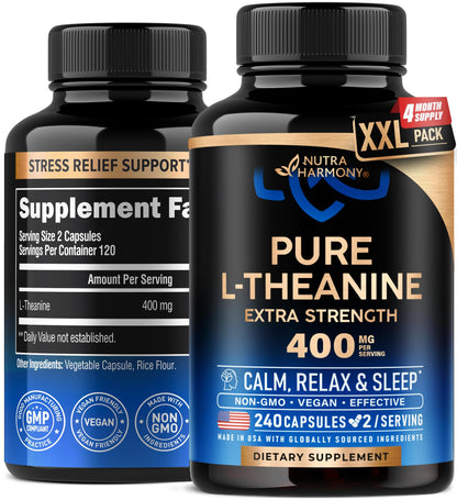 L Theanine 400 mg – Stress Relief, Relaxation & Sleep Support | Made in USA | 240 Vegan Capsules
