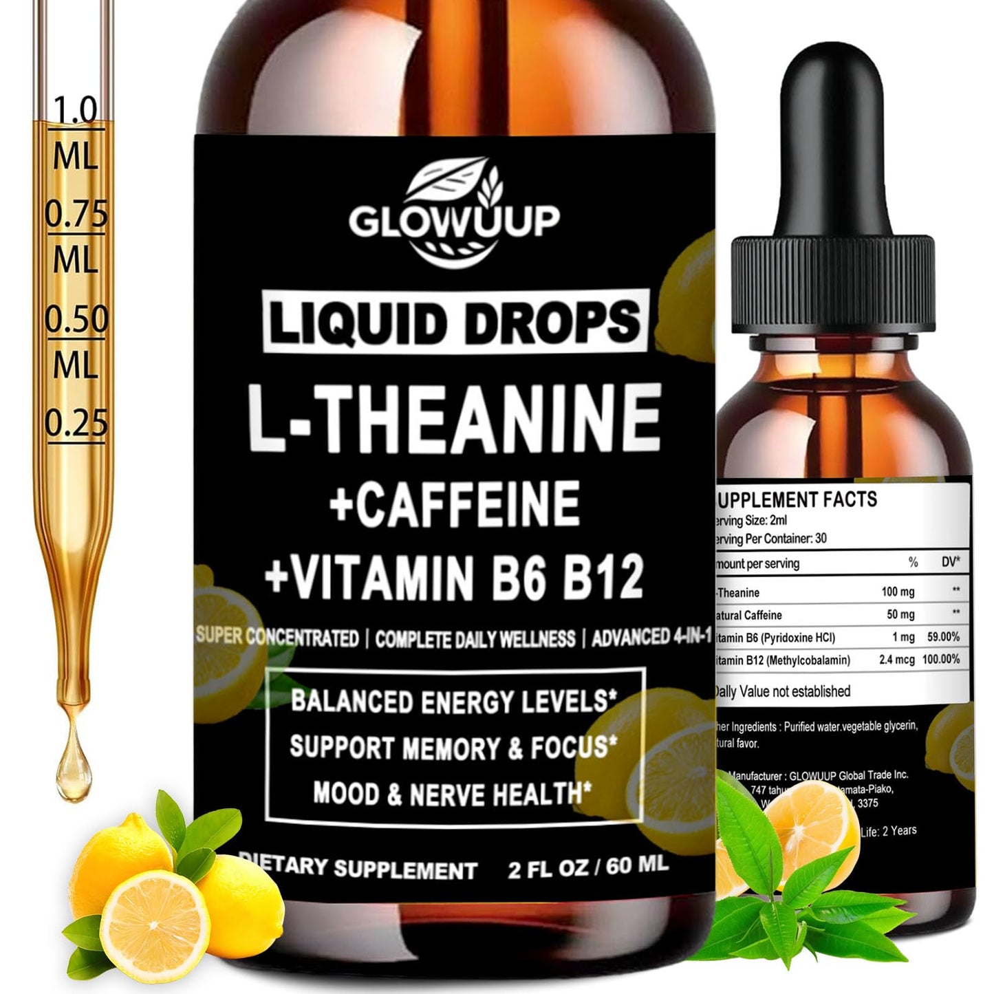 L-Theanine Caffeine Liquid Drops for Women & Men – Energy, Focus, Calm with 100mg L-Theanine, 50mg Caffeine, B12 & B6