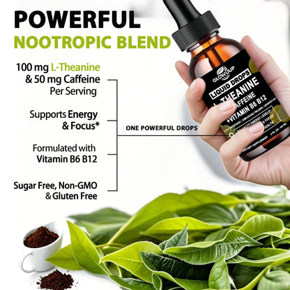 L-Theanine Caffeine Liquid Drops for Women & Men – Energy, Focus, Calm with 100mg L-Theanine, 50mg Caffeine, B12 & B6