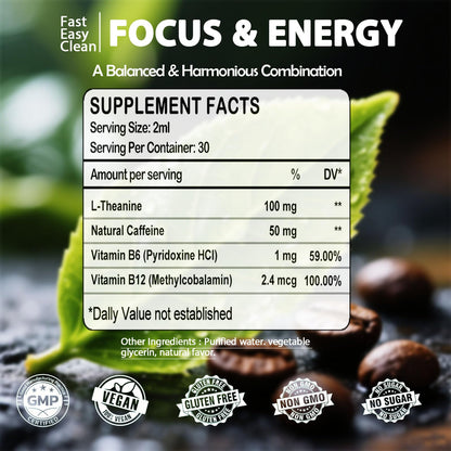 L-Theanine Caffeine Liquid Drops – High Potency 100mg L-Theanine + Caffeine, B12 & B6 | Nootropic Energy & Focus