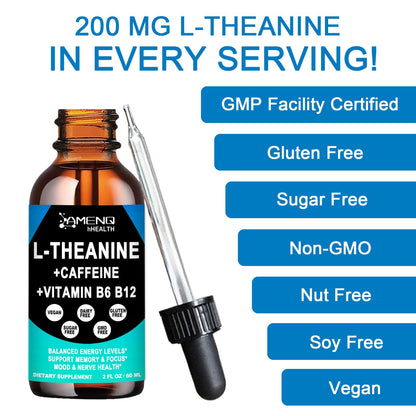 L-Theanine Caffeine Liquid Drops — Organic, Vegan, Gluten Free | 200mg L-Theanine, 50mg Caffeine